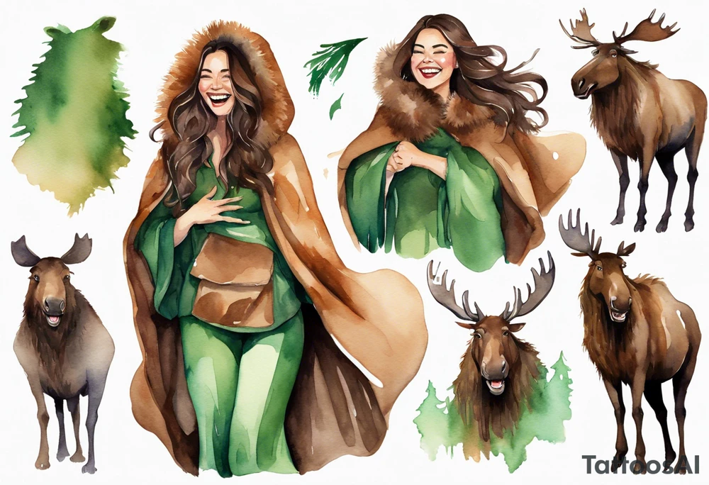 a watercolor of a curvy woman with long brown hair and brown skin and green eyes wearing a fur cloak laughing riding a moose tattoo idea