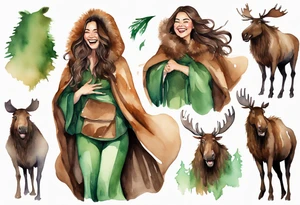 a watercolor of a curvy woman with long brown hair and brown skin and green eyes wearing a fur cloak laughing riding a moose tattoo idea
