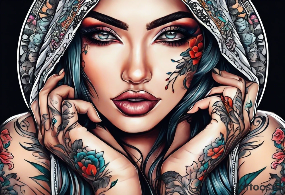 Scarefull woman is closing one of her eye with fingers tattoo idea