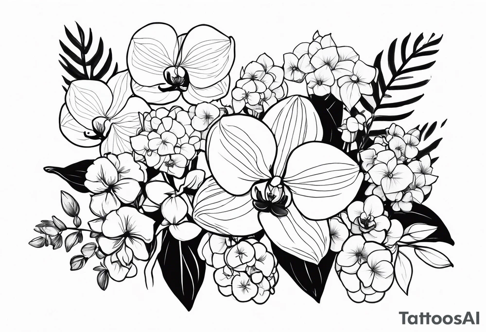 birth flower bouquet with orchid and hydrangeas showing stems tattoo idea