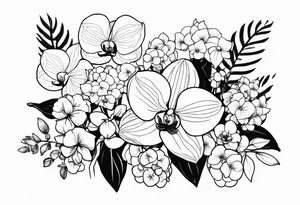 birth flower bouquet with orchid and hydrangeas showing stems tattoo idea