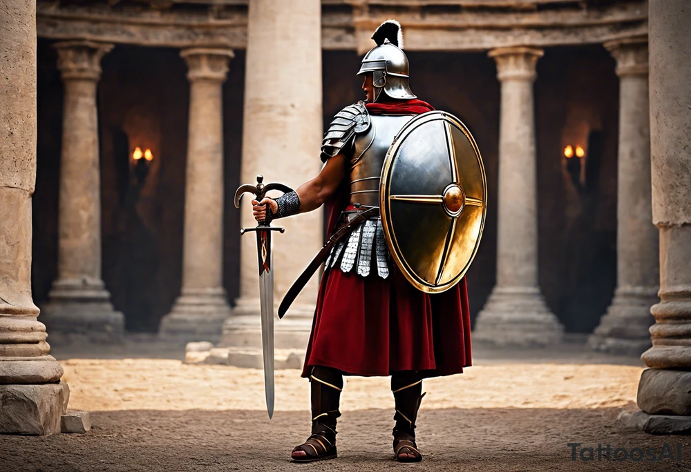 a high ranking roman soldier from AD 60, wearing armor which must include an armoured belt, breastplate, armoured shoes, shield, helmet and sword.
the soldier must look strong. the soldier is faceless. The image must include the full person, not just the top half. The soldier is mid-battle, fending off flaming arrows with his shield tattoo idea