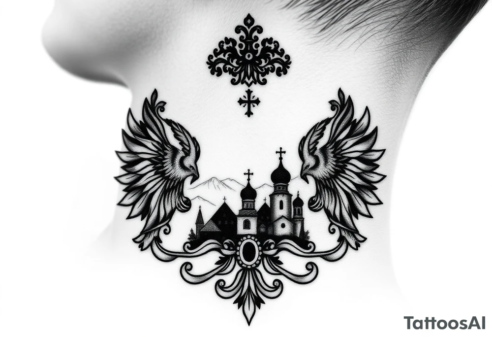 Traditional authentic Russian coat of arms with a Christian orthodox virgin marry in the middle and silhouette in a Russian wilderness Christian orthodoxy dome church village setting on the side of my neck tattoo idea