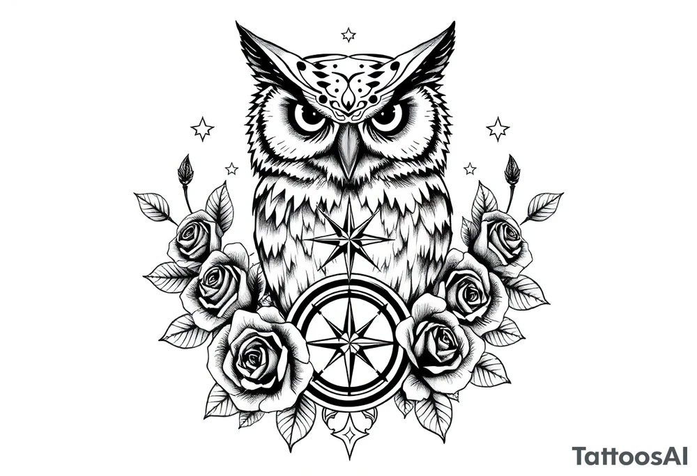 an owl,compass,roses,stars. tattoo idea