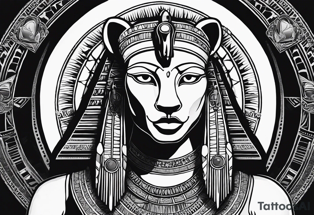 Ancient Egyptian goddess sekhmet, lioness head with black sun disk behind and woman's body. She looks straight ahead and ready for battle looking fearless and powerful holding an ankh in one hand and a papyrus sceptre in another, she has long hair flowing tattoo idea