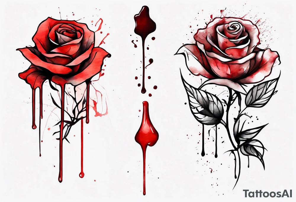 rose flower, one line, red blood dripping from the flower, tall, watercolor, with a t 
placed in the bottom half tattoo idea