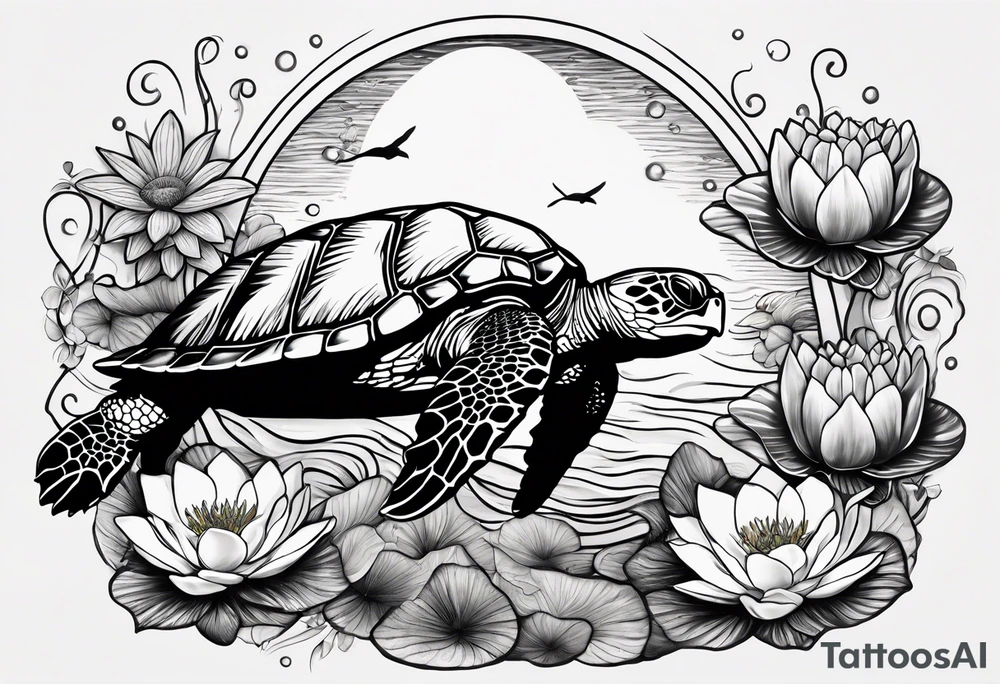 One larger sea turtle with two baby sea turtles, water, moon, and 4 water lilies tattoo idea