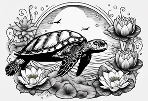 One larger sea turtle with two baby sea turtles, water, moon, and 4 water lilies tattoo idea