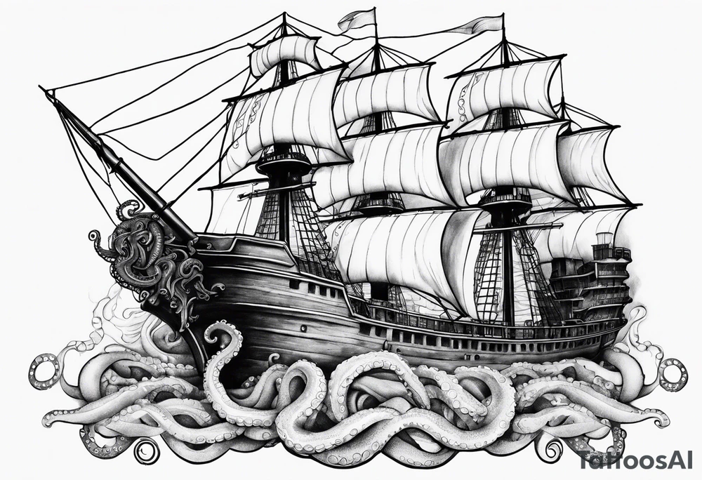 Realistic octopus breaking ship tattoo idea