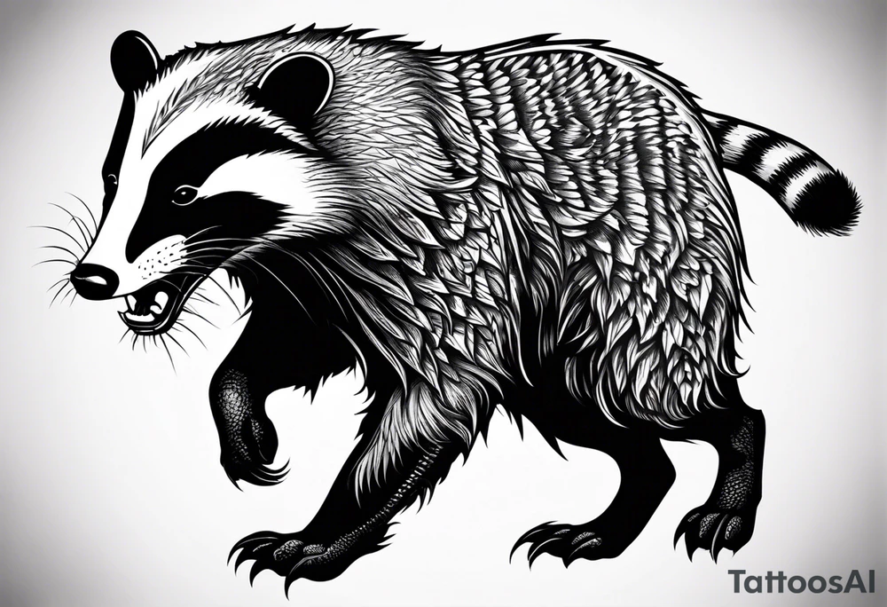 Draw me psychopath badger with aggressive full body, killer face with a smile, very long nails and he attacks like a Bloody Gladiator to enemy and also, he has very deadly looking. He fights with his nails. Everybody scares after their first sight. Give me horror type full body Badger Tattoo. tattoo idea