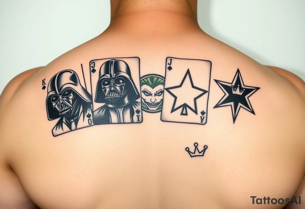 4 cards of a deck, Darth Vader, joker from batman, camo army star, princess crown paw prints tattoo idea