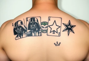 4 cards of a deck, Darth Vader, joker from batman, camo army star, princess crown paw prints tattoo idea