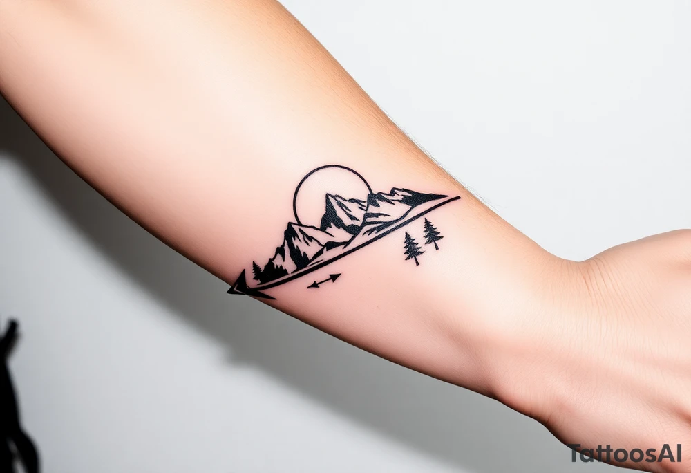 Mountains sun sea trees on an arrow like design that runs up the forearm from the wrist to the elbow tattoo idea