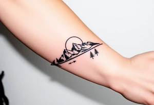 Mountains sun sea trees on an arrow like design that runs up the forearm from the wrist to the elbow tattoo idea