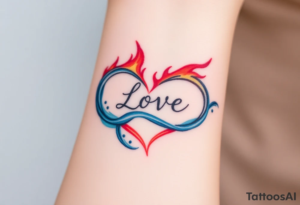 A fire and water-themed infinity symbol, with "Love" written where the two elements meet—flames in deep red and blue waves blending seamlessly tattoo idea