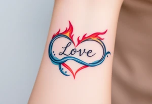 A fire and water-themed infinity symbol, with "Love" written where the two elements meet—flames in deep red and blue waves blending seamlessly tattoo idea