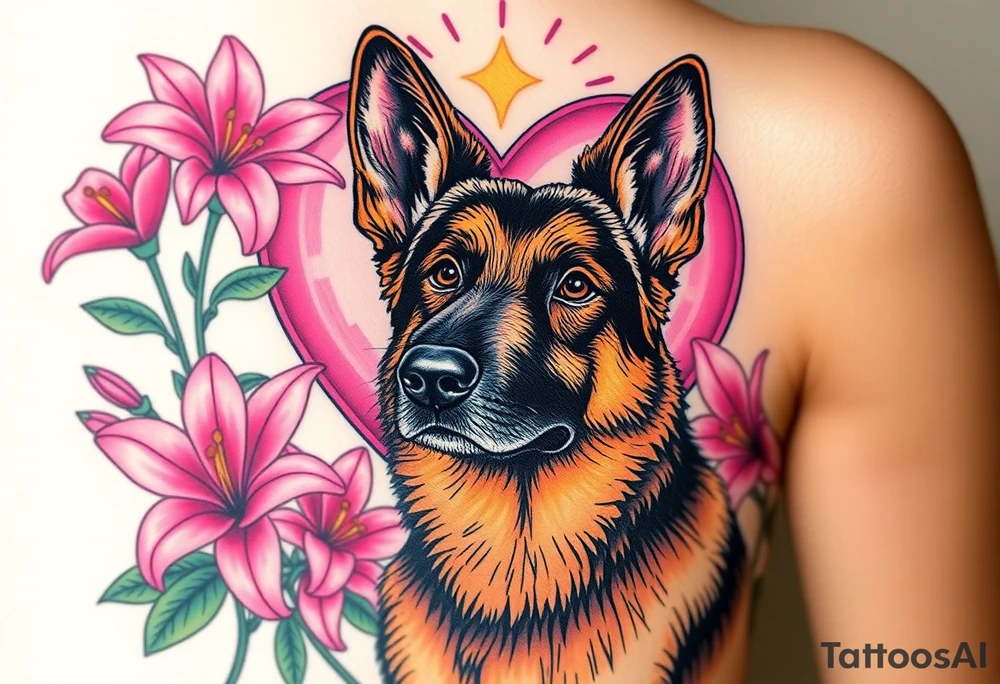 realistic german shepherd with alert ears looking protective surrounded by pink lilies with leaves in front of a sacred heart tattoo idea