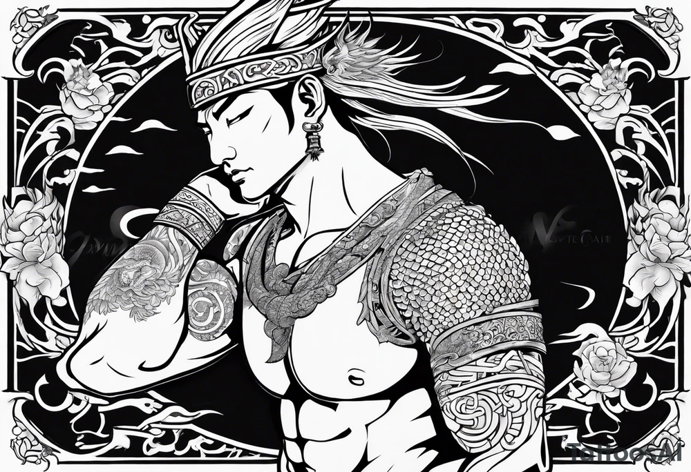 give me an asian gangster style tattoo with a dragon, on the back and mix it in with a greek style arm sleeve with achilles the greek god tattoo idea