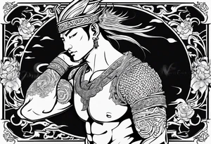 give me an asian gangster style tattoo with a dragon, on the back and mix it in with a greek style arm sleeve with achilles the greek god tattoo idea