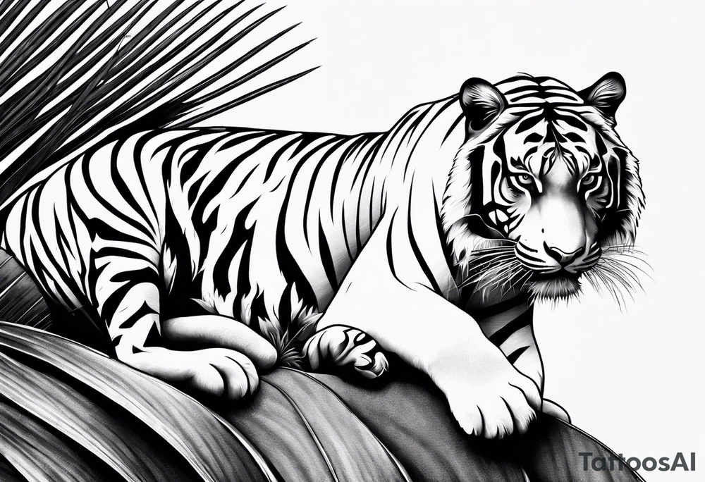 tiger laying on palm tree tattoo idea