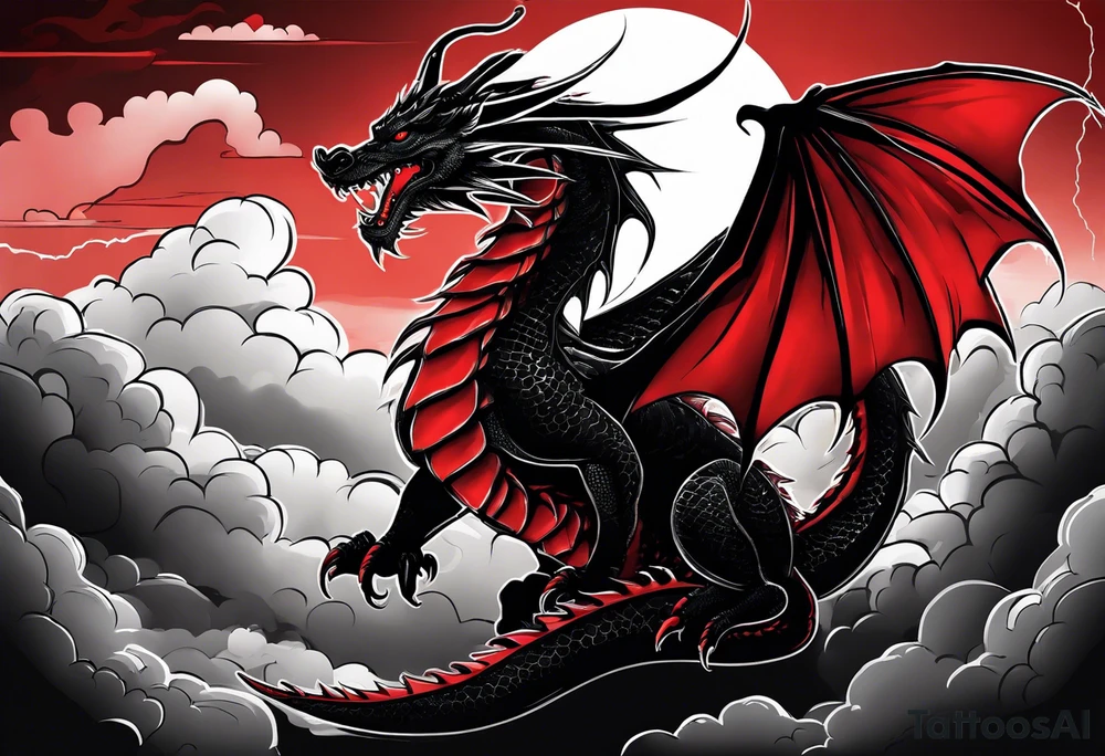 Black and red dragon with a danger tail. In the clouds with lightning. tattoo idea