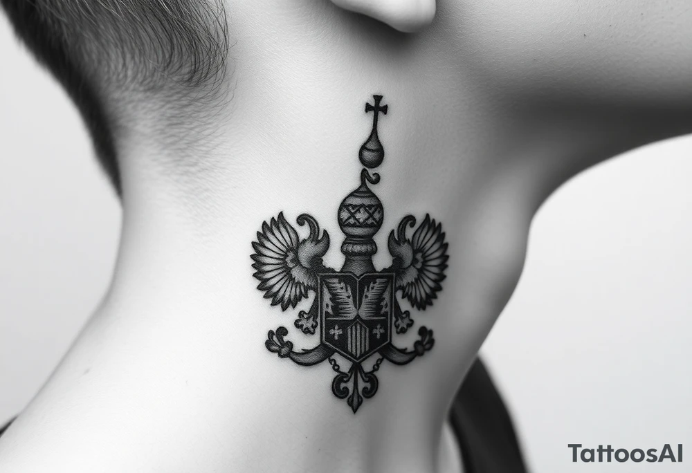 russian coat arms in a russian christian orthodox style virgin mary & orthodox dome church on the side of the neck tattoo idea