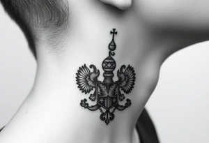 russian coat arms in a russian christian orthodox style virgin mary & orthodox dome church on the side of the neck tattoo idea