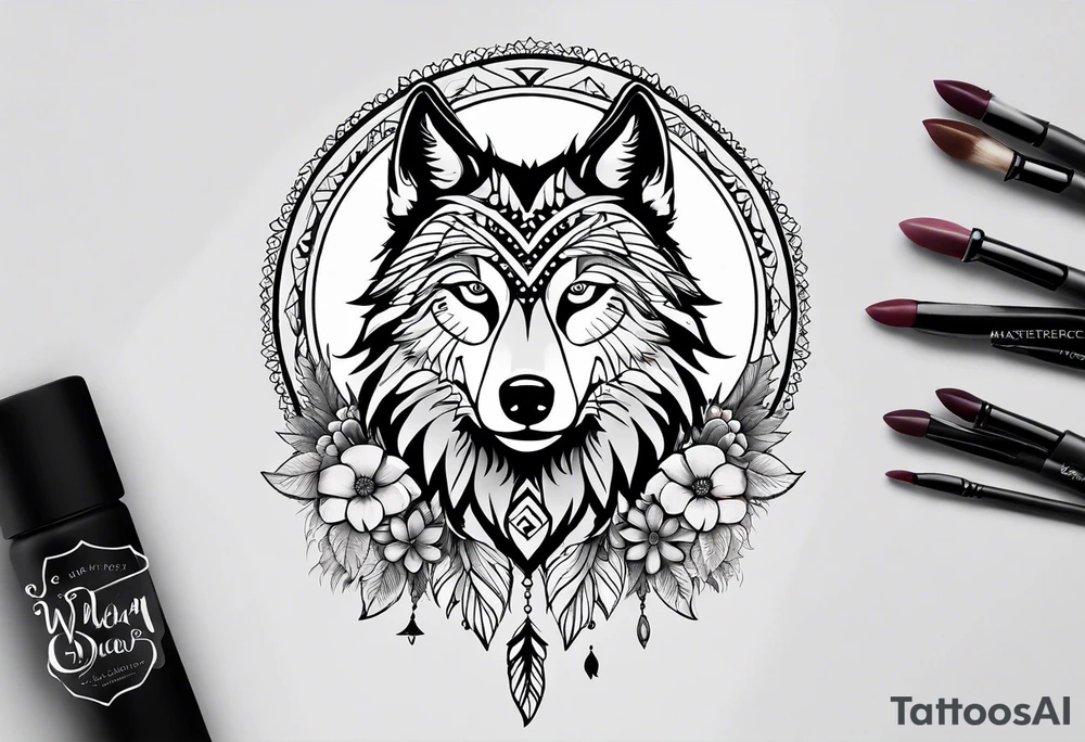 A whimsical wolf tattoo featuring mandala or dream catcher elements, with the wolf as the central focus. Show the wolves whole body standing surrounded by mountains in the background. Include flowers and nature elements to fill the space around the wolf. Some color but not completely solid bold color tattoo idea