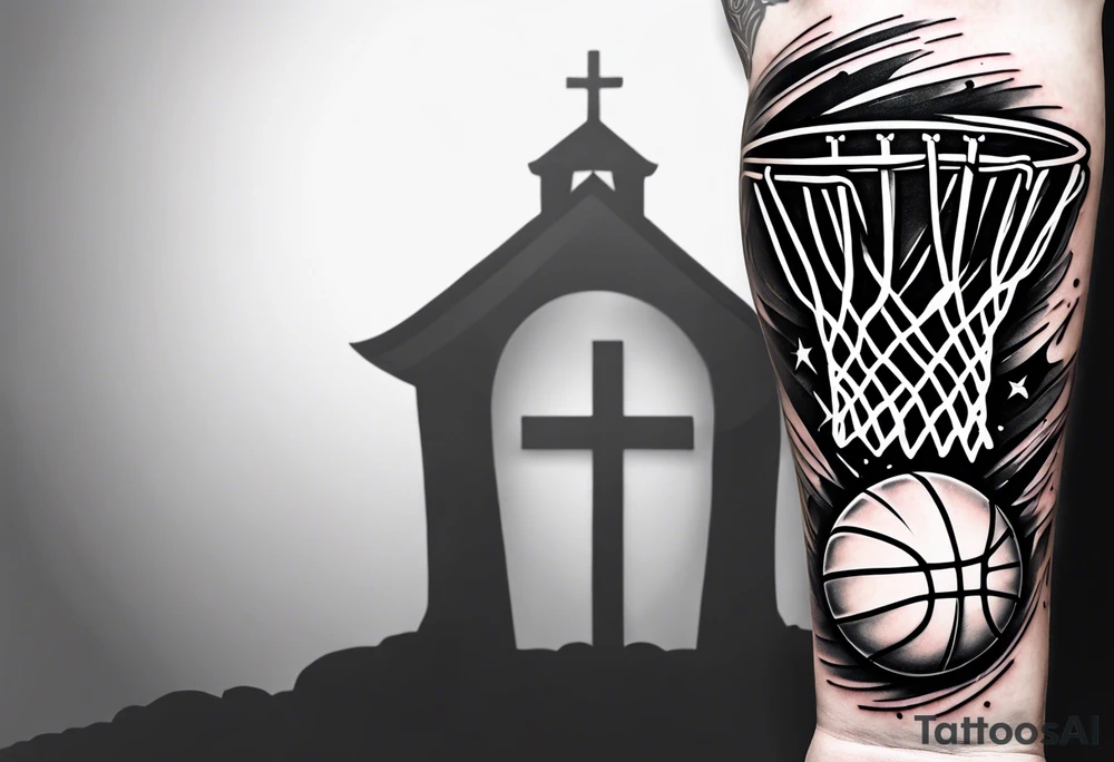 A forearm tattoo that includes a basketball hoop and a cross tattoo idea