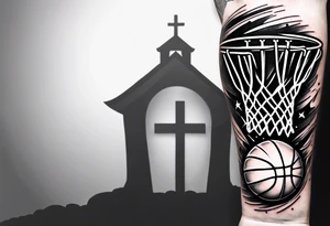 A forearm tattoo that includes a basketball hoop and a cross tattoo idea
