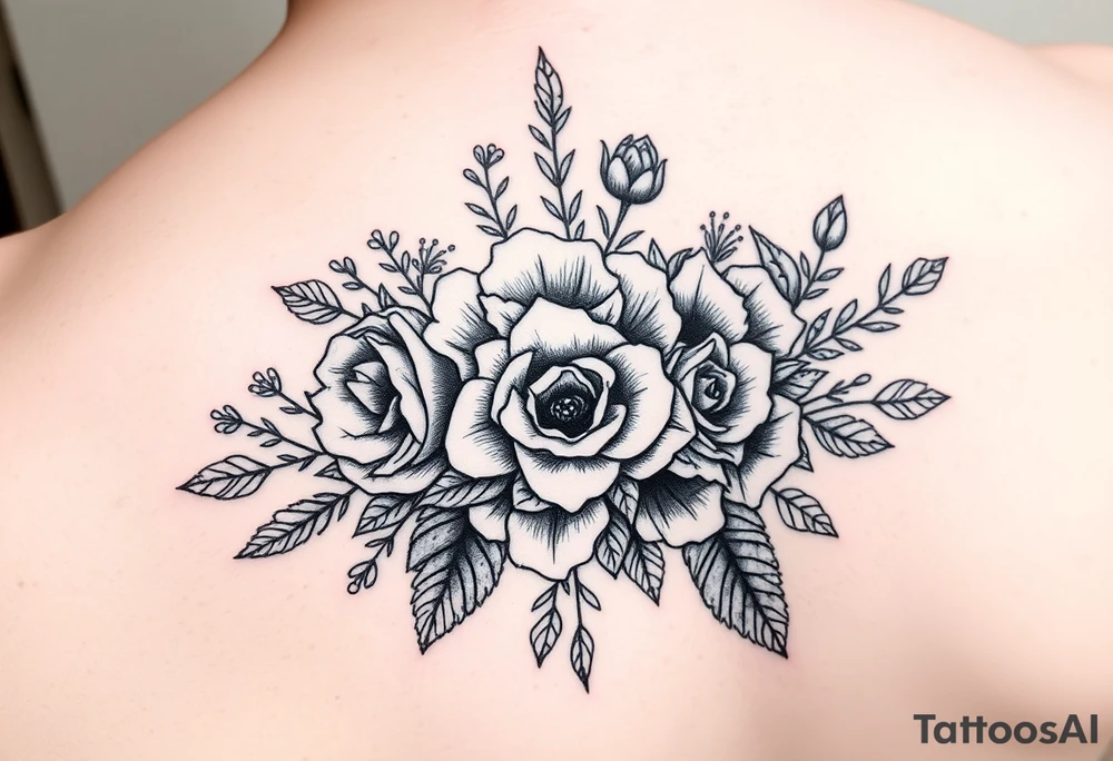 vintage bouquet of wild roses and meadow flowers with morning dew tattoo idea
