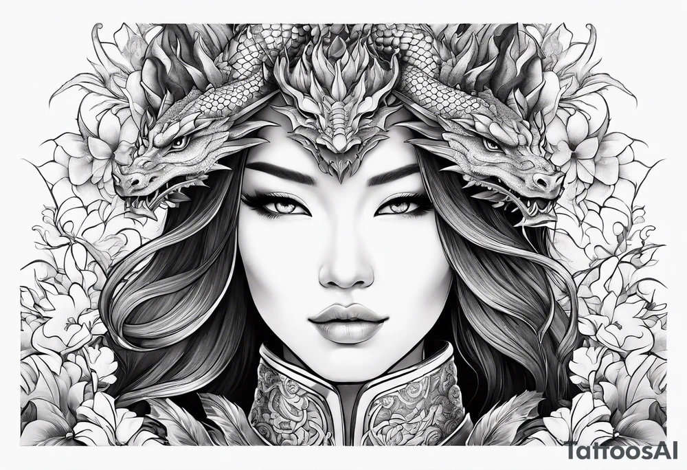 beautiful warrior woman wearing dragon armor and a floral background and a dragon a full picture tattoo idea