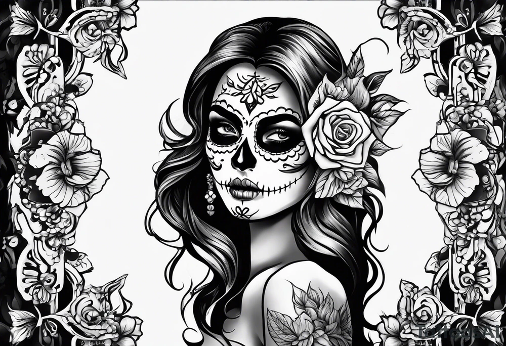 ghost, woman's face, day of the dead, zoomed out tattoo idea