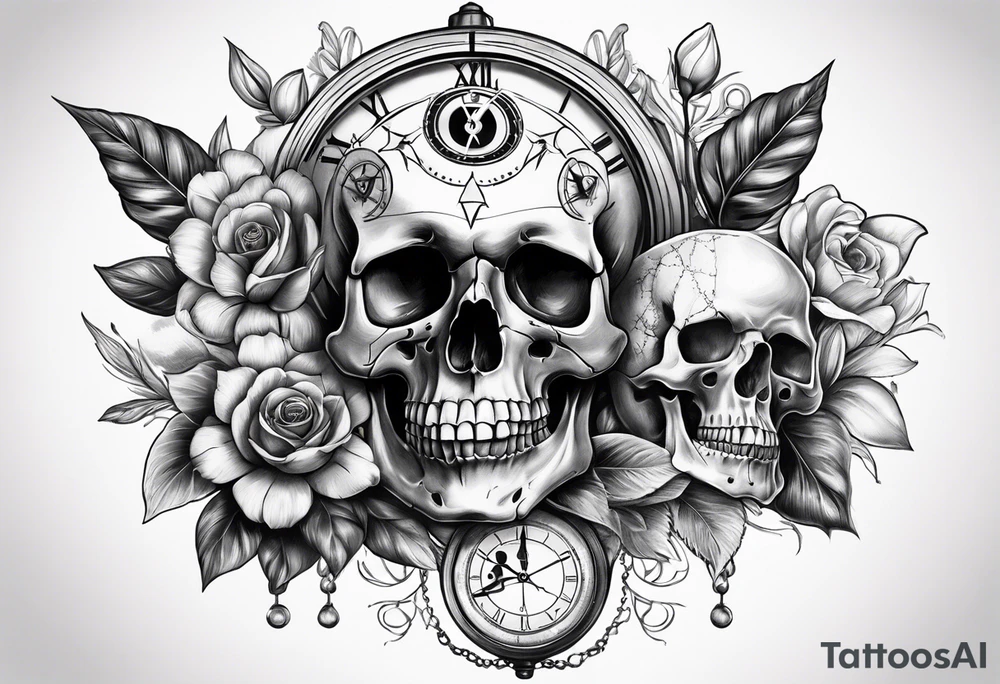 skull with clock, flower, compass, tattoo idea