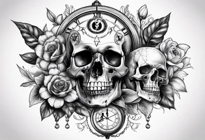 skull with clock, flower, compass, tattoo idea