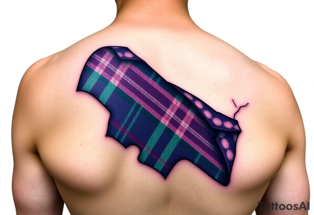 Dark Purple with green pink blue and white highlights tartan fabric with skin around edges peeling and wrapping around side of shoulder tattoo idea