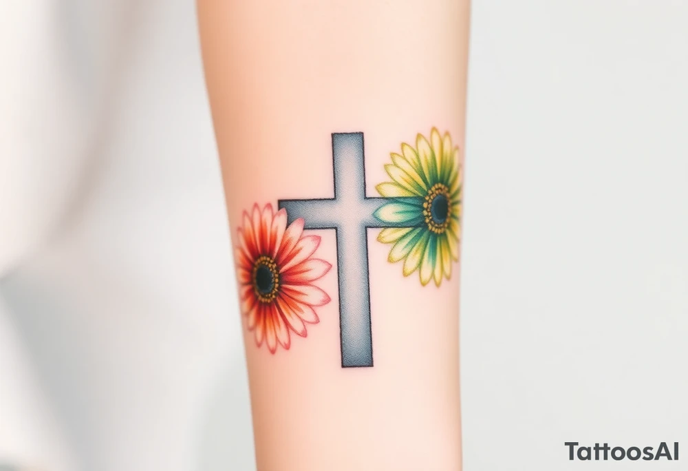 Gerber daisys behind negative space cross for forearm tattoo idea