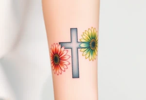 Gerber daisys behind negative space cross for forearm tattoo idea