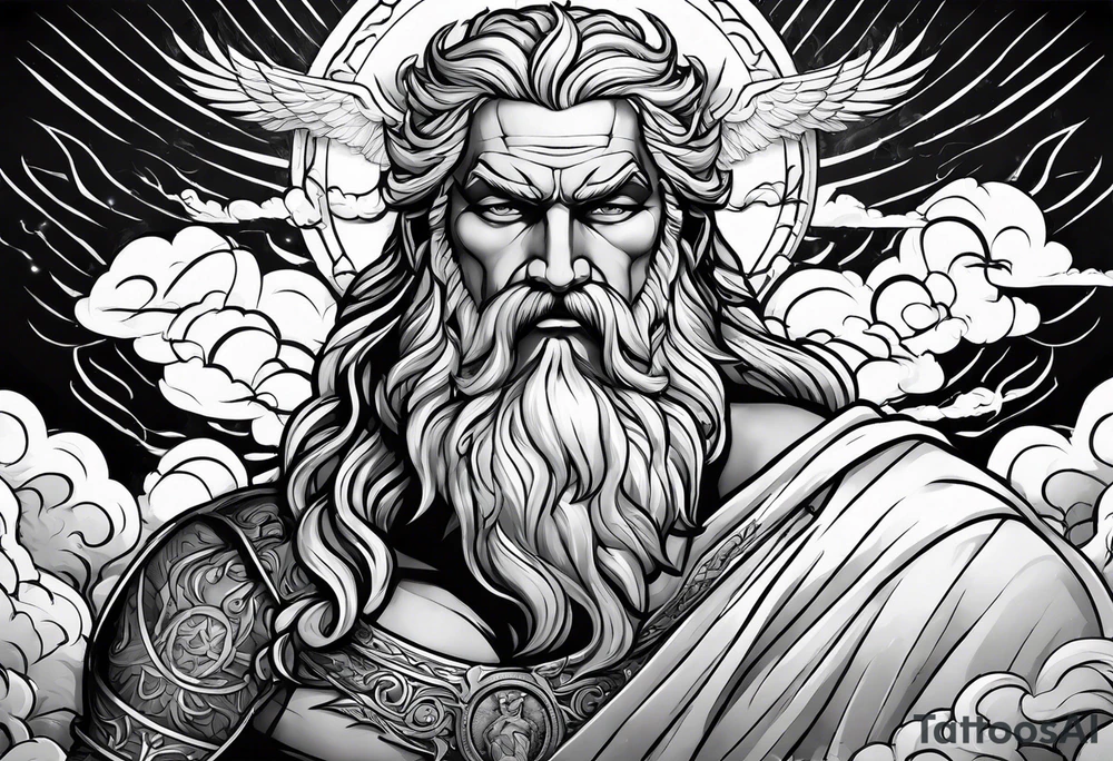 Zeus with a lightning bolt on clouds and hades in hell below tattoo idea