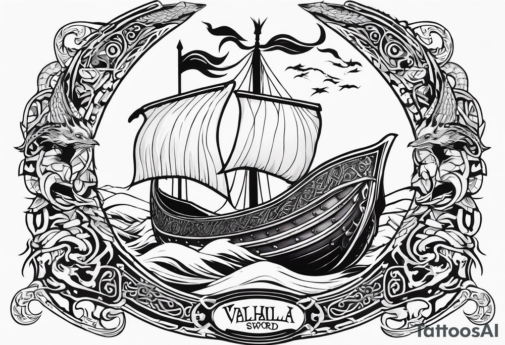 Valhalla sword shield viking ship dragon head tattoo idea
