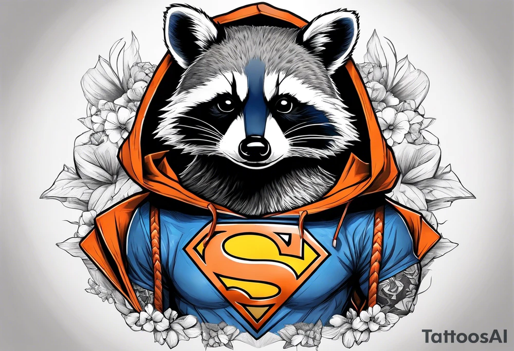 Raccoon wearing an orange Superman hoodie tattoo idea