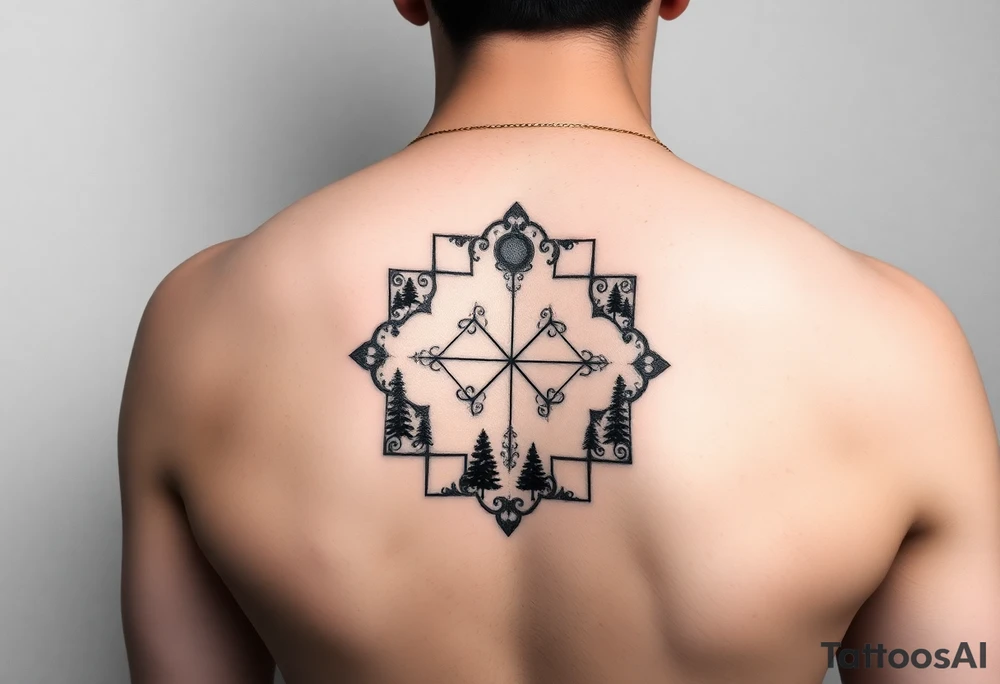 inspiration: my childhood home had an arrangement of tiles in the formation of golden ratio. use this to create a tattoo for me with NO COLOURS using the idea of tiles and golden ratio. placement on upper outer arm or top of bicep so not too big. give me a range of ideas (including some without using tiles, and just the golden ratio). I want to symbolise how nature is made from golden ratio. also give ideas including trees as my garden had this arrangement surrounded by trees tattoo idea