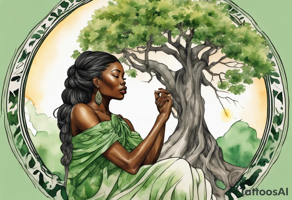 a tree trunk with roots that is a beautiful black woman from the waist up, arms reaching up to the sun, wearing a green tunic tattoo idea
