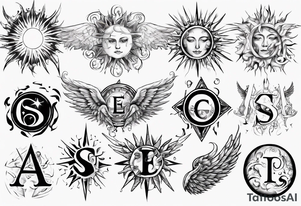 abstraction with sun and letters and angels tattoo idea