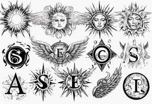 abstraction with sun and letters and angels tattoo idea