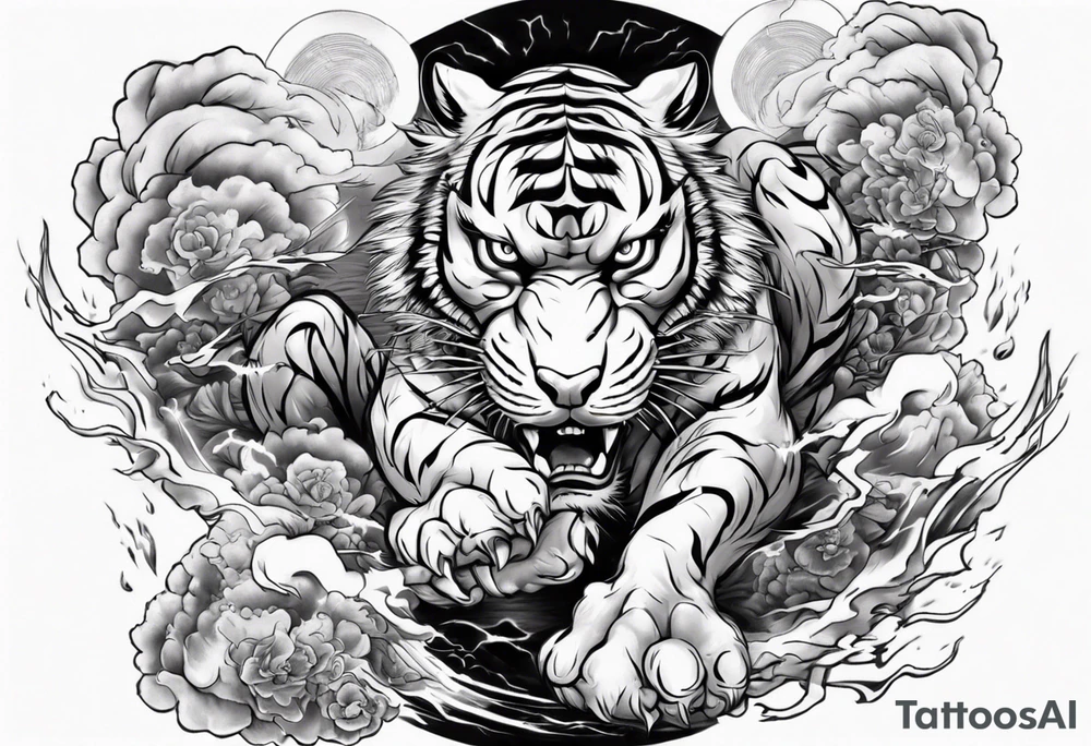 Tiger warrior with lightning and the sun for a forearm sleeve tattoo idea