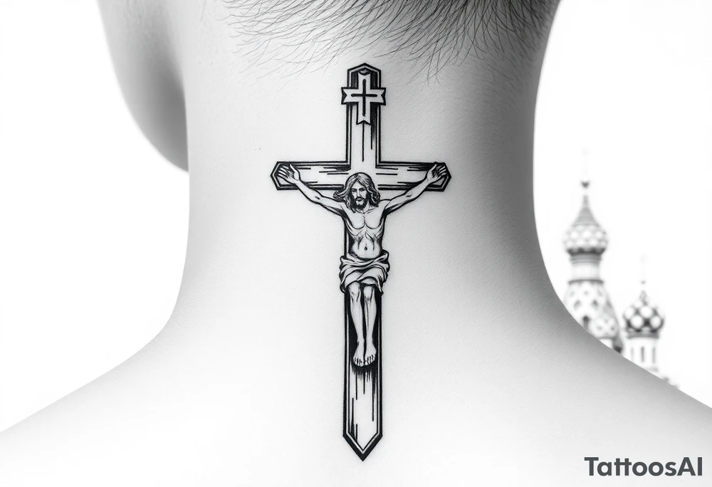Traditional orthodox ICXC Christian cross with Jesus Christ on the cross also with the slanted part of the cross where christs feet were nailed in a Russian wilderness Kremlin setting tattoo idea