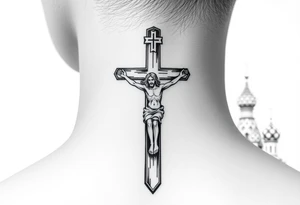Traditional orthodox ICXC Christian cross with Jesus Christ on the cross also with the slanted part of the cross where christs feet were nailed in a Russian wilderness Kremlin setting tattoo idea