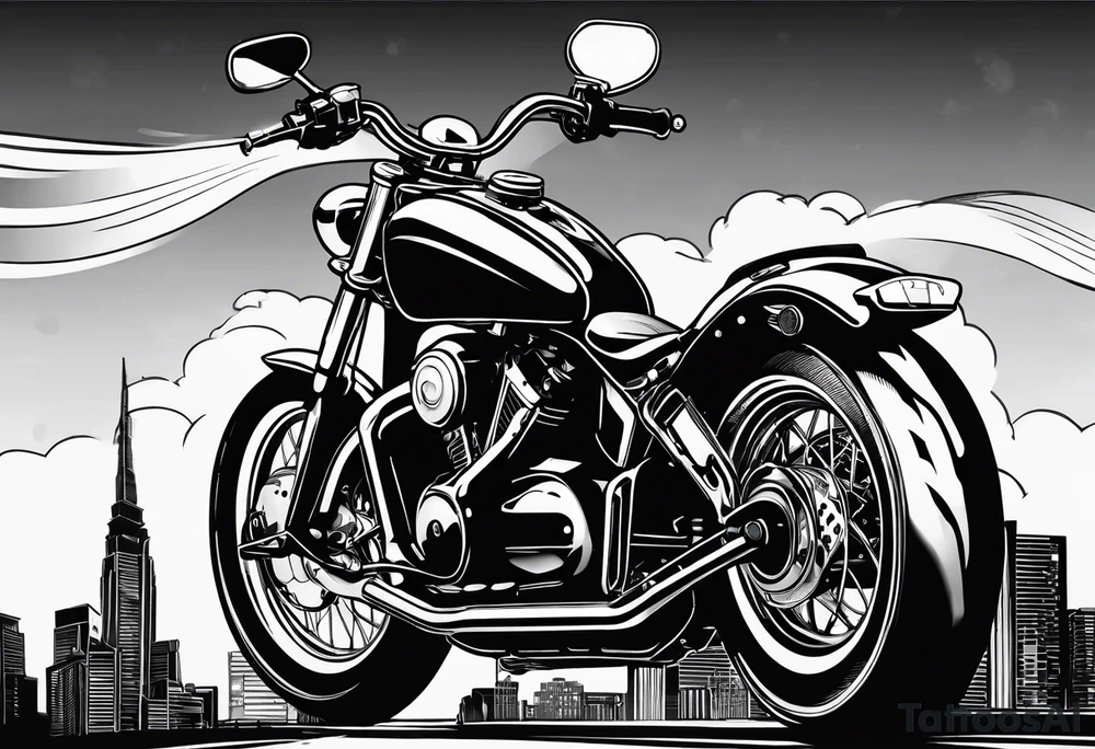 cards fanned over a city with a motorcycle on the road tattoo idea