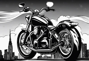 cards fanned over a city with a motorcycle on the road tattoo idea